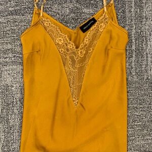 Arian Simone Cami Tank Top Lace Trim Sleeveless Plunge Neck Mustard Yellow